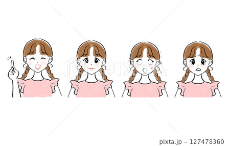 感情豊かな女の子の表情セット（喜怒哀楽・気づき）／手描き風イラスト 127478360