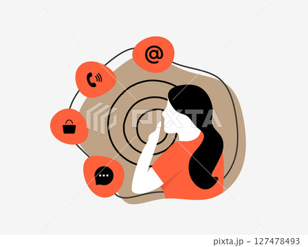 Overwhelmed young girl thinking of mental load, invisible labor, cognitive fatigue. Burnout from multitasking and daily routine pressure. Mental load flat design vector illustration Overwhelmed young girl thinking of mental load, invisible labor, cognitive fatigue. Burnout from multitasking and daily routine pressure. Mental load flat design vector illustration 127478493