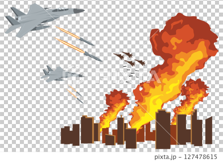市街地に爆弾を落とす戦闘機のイメージイラスト 127478615