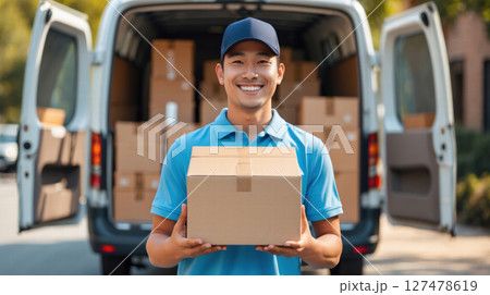 a delivery man with a box in his hands next to the van a delivery man with a box in his hands next to the van 127478619