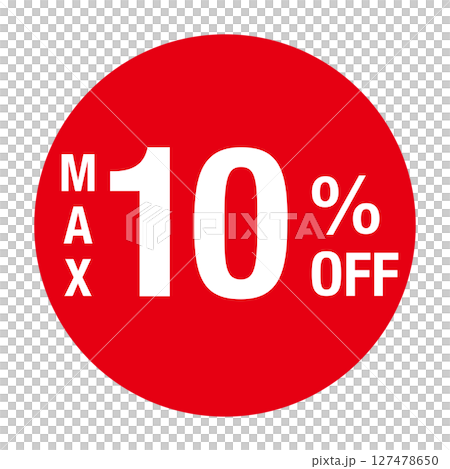 Circular vector illustration with the text "MAX 10% OFF" Red, white text, transparent background 127478650