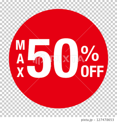 圓形向量插圖，帶有文字“MAX 50% OFF”紅色、白色文字、透明背景 127478653