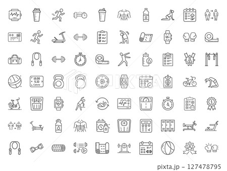 exercises activities related to fitness health line art icon set, dumbbells lifting weights swimming 127478795