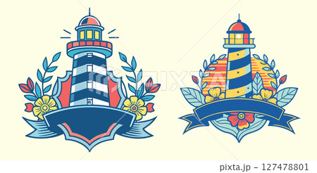 set two lighthouse, flowers banner guidance hope ribbon 127478801