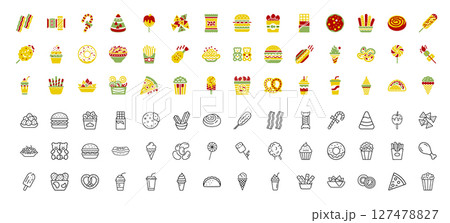 fast food colorful outlined icons, sweets drinks snacks desserts 127478827