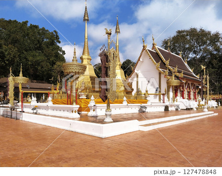 View of the famous two golden pagodas at Wat Phra That Doi Tung, View of the famous two golden pagodas at Wat Phra That Doi Tung, 127478848