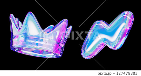 Crystal holographic y2k crown and lightning bolt icon with bright neon gradient isolated on black background. Render 3d set of liquid glass abstract shapes in retro futuristic style. 3D illustration 127478883