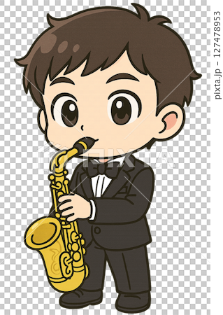 サックスを吹くタキシードの男の子 サックスを吹くタキシードの男の子 127478953