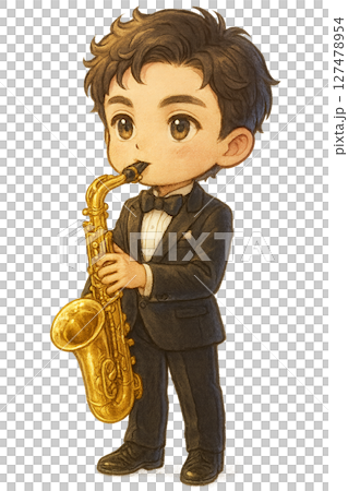 Tuxedoed boy playing saxophone 2 Tuxedoed boy playing saxophone 2 127478954