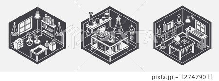 isometric laboratory interior scientist workplace table laptop books shelves sink scales test tubes equipment, experiment science research analysis 127479011
