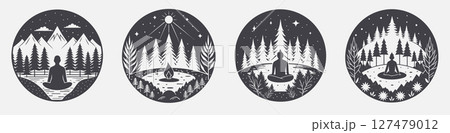set forest bathing shinrin yoku template design, relax pond people tree pine 127479012