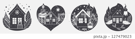 set hygge danish coziness template, design silhouette stars leaves 127479023
