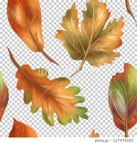 Autumn cozy seamless pattern with maple and oak yellow, red leaves on a white background. Natural motifs, forest, plants. Hand drawing background for wrapping paper, textiles, design Autumn cozy seamless pattern with maple and oak yellow, red leaves on a white background. Natural motifs, forest, plants. Hand drawing background for wrapping paper, textiles, design 127479102