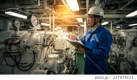 船のエンジンルームで作業チェックをする海技士 船のエンジンルームで作業チェックをする海技士 127479111