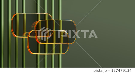 3d gold glass rectangle plates on green line wall background. Abstract luxury wallpaper with golden transparent geometric shapes and empty space. Render digital tech banner template. 3D illustration 127479134