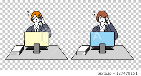 パソコン作業をする女性社員がトラブルで焦っているイラストセット 127479151