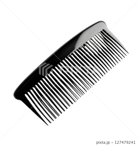 A black plastic comb with fine teeth is shown on a white background 127479241