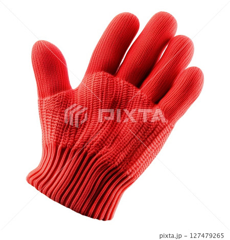 A single, warm red knitted glove is displayed, showcasing its textured surface and comfortable design, perfect for cold weather A single, warm red knitted glove is displayed, showcasing its textured surface and comfortable design, perfect for cold weather 127479265