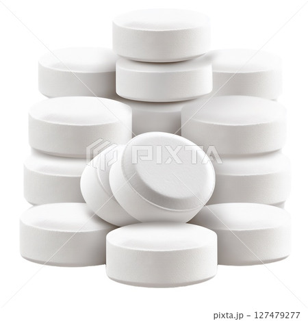 A close-up shot of a stack of round, white tablets, suggesting medication or supplements 127479277