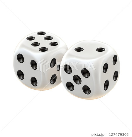 Two white dice with black pips, showing a roll of five and three, rest on a clean white background 127479303