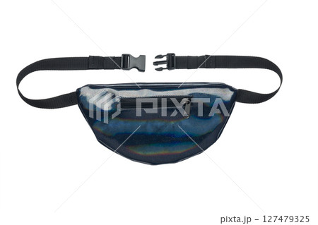 Stylish iridescent blue fanny pack with adjustable black straps and zipper closure, perfect for fashion-forward individuals Stylish iridescent blue fanny pack with adjustable black straps and zipper closure, perfect for fashion-forward individuals 127479325