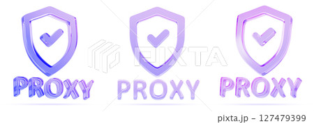 3d set of glass holographic security shield with check mark and proxy server icon render. Data encryption, hide IP address, secure access technology in internet, malware protection. 3D illustration 127479399