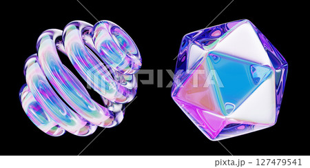 Liquid glass holographic y2k spiral sphere and polygon icon with bright neon gradient isolated on black background. Abstract crystal geometric shapes render set, rainbow color effect. 3D illustration 127479541