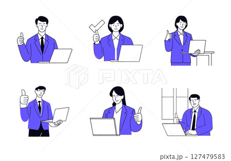 businessmen businesswomen laptops expressing approval thumbs-up gestures checkmark symbolizing positive successful working environment, communication collaboration technology teamwork 127479583