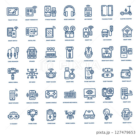 modern smart gadgets line icons collection, headphones watch earbuds speaker modern smart gadgets line icons collection, headphones watch earbuds speaker 127479653