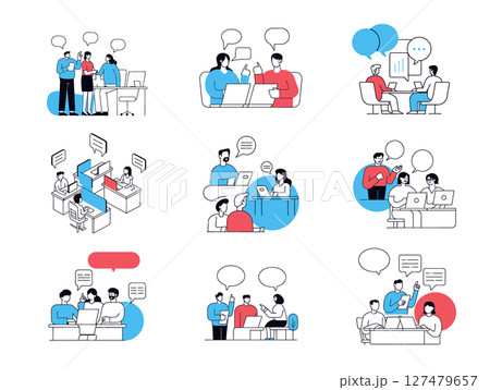 office employees communicating discussing information illustrated scenarios speech bubbles indicating conversations, presentation desk laptop workplace 127479657
