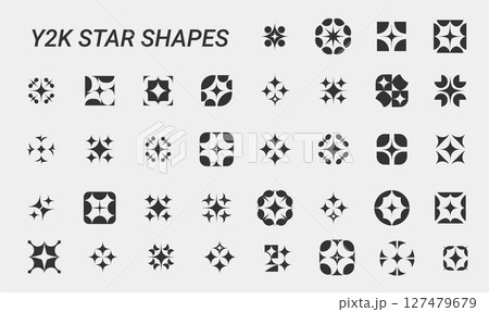 collection stylized geometric star shapes retro y2k aesthetic focus on sparkle design, trendy decoration element style 127479679