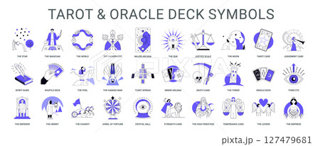 collection tarot oracle deck symbols featuring iconic cards concepts star magician world hierophant major arcana sun justice scale moon 127479681