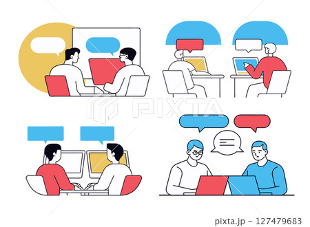 two developers communicating speech bubbles working on computers highlighting collaboration discussion modern stylized design, Style Flat 127479683