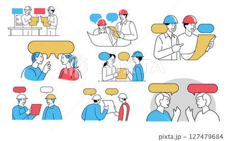 two engineers communicate speech bubbles reviewing plans designs highlighting collaborative problem-solving construction engineering setting, Communication Architecture Collaboration two engineers communicate speech bubbles reviewing plans designs highlighting collaborative problem-solving construction engineering setting, Communication Architecture Collaboration 127479684