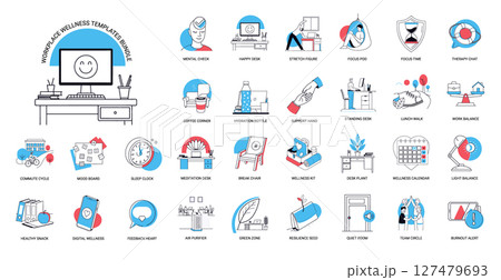 blue red workplace wellness mental health design tremplates set, physical activity environmental comfort importance balanced supportive work environment 127479693