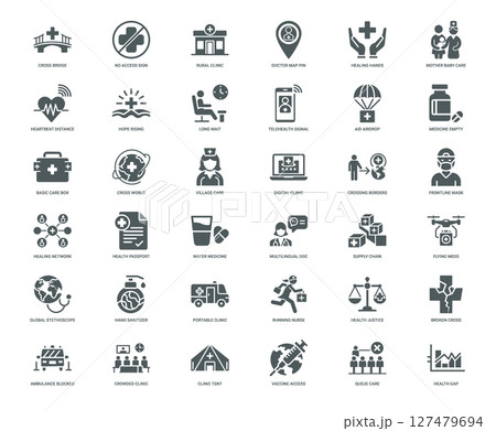 collection icons global healthcare challenges hopes infrastructure equity innovation frontline care 127479694
