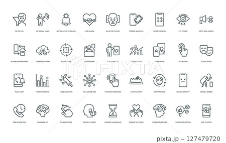 addiction to social media line icon set 127479720