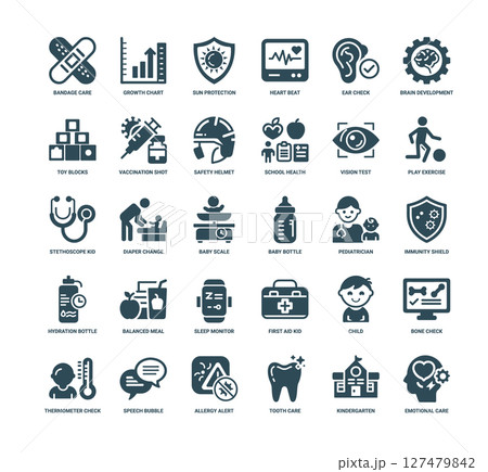childrens health well-being collection icons, bottle immunity baby hydration pediatrician shield childrens health well-being collection icons, bottle immunity baby hydration pediatrician shield 127479842