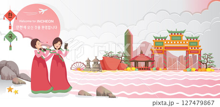 Incheon Landmark or Korea Landscape. Panorama of the Building. Autumn Scenery Beautiful Fall. Posters and Postcards Korea for Tourism. Translate: Welcome to Incheon of Korean. Paper Cut Sticker Style. 127479867