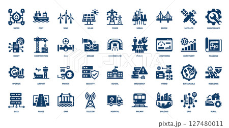 infrastructure elements collection dark blue icons, modern life, planning investment monitoring upgrade 127480011