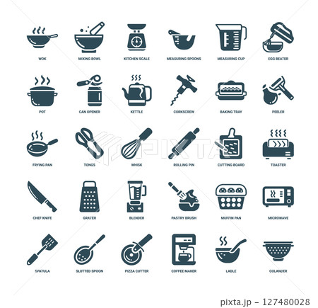 kitchen tools icon set wok mixing bowl scale spoons cup, Grater knife Toaster Chef Blender 127480028