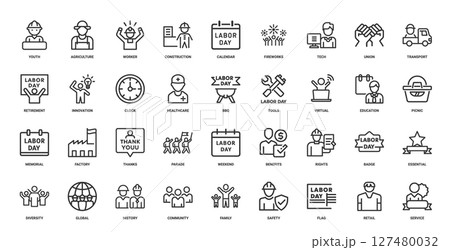 collection themed labor day icons aspects work celebration, BBQ virtual education tools 127480032