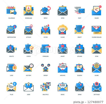 email-themed icons collection, actions electronic communication information management, delete forward check heart 127480077