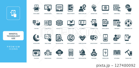 mindful modern technology use, digital gadgets mindful usage icon set 127480092