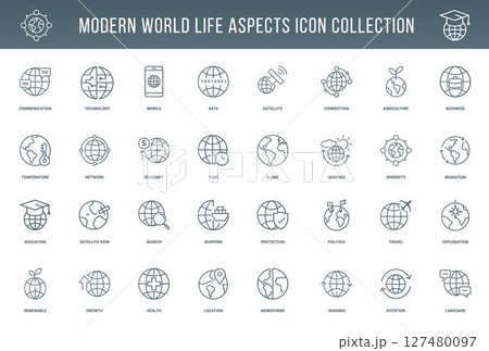 global life communication technology collection modern line icons, globe diversity time weather 127480097