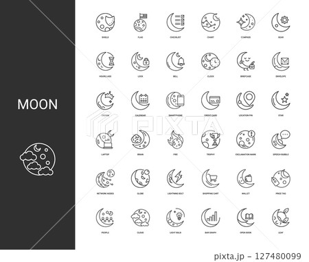 collection moon-themed icons objects concepts shield flag checklist 127480099
