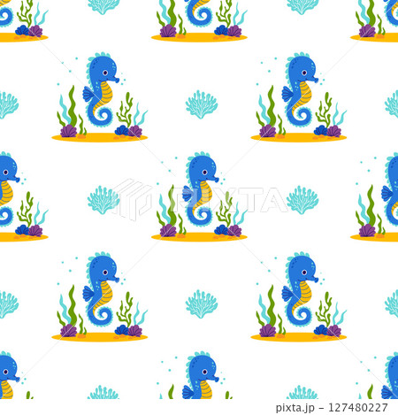 Underwater Seamless Pattern. Cute Sea Seahorse with algae and coral on seabed on white Background. Vector Illustration. Kids collection 127480227