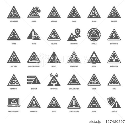 triangular warning signs hazards safety precautions icon collection 127480297