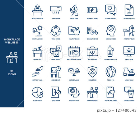 workplace wellness employee well-being collection line icons, board Mood plant Desk Wellness Calendar kit 127480345