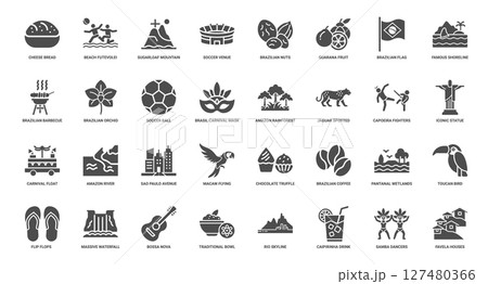 brazil symbols set glyph icons, food landmarks cultural elements 127480366